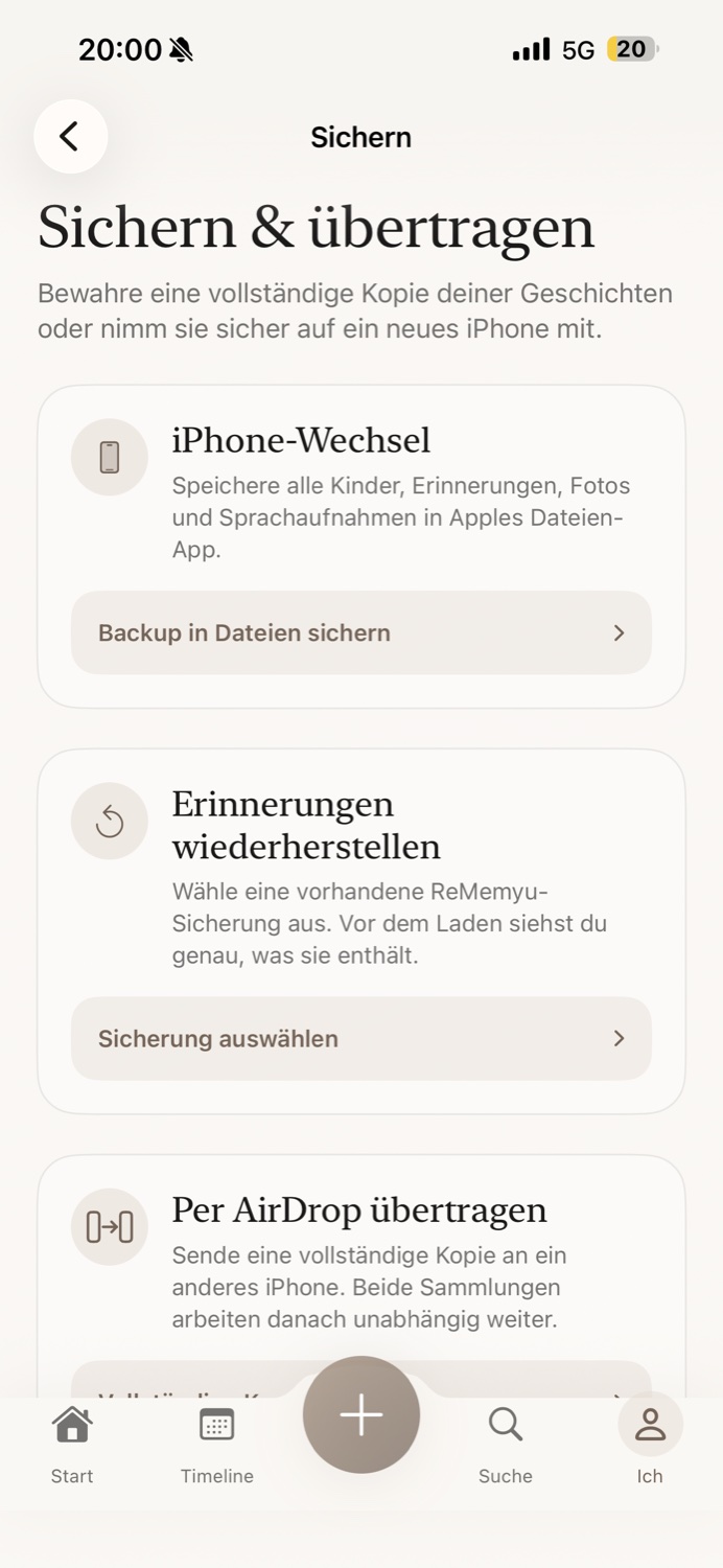 ReMemyu Bereich zum Sichern, Wiederherstellen und Übertragen auf ein neues iPhone