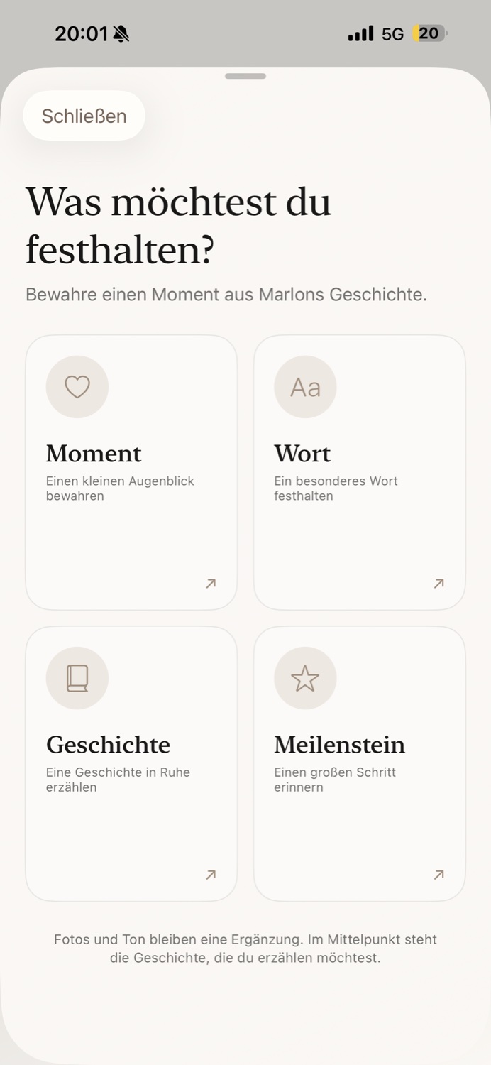 Auswahl zwischen Moment, Wort, Geschichte und Meilenstein
