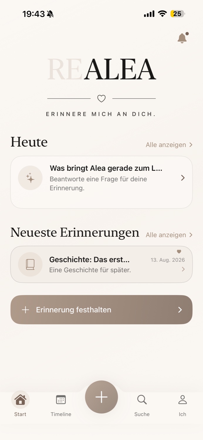 Startansicht der ReMemyu App mit Erinnerungen und Tagesfrage