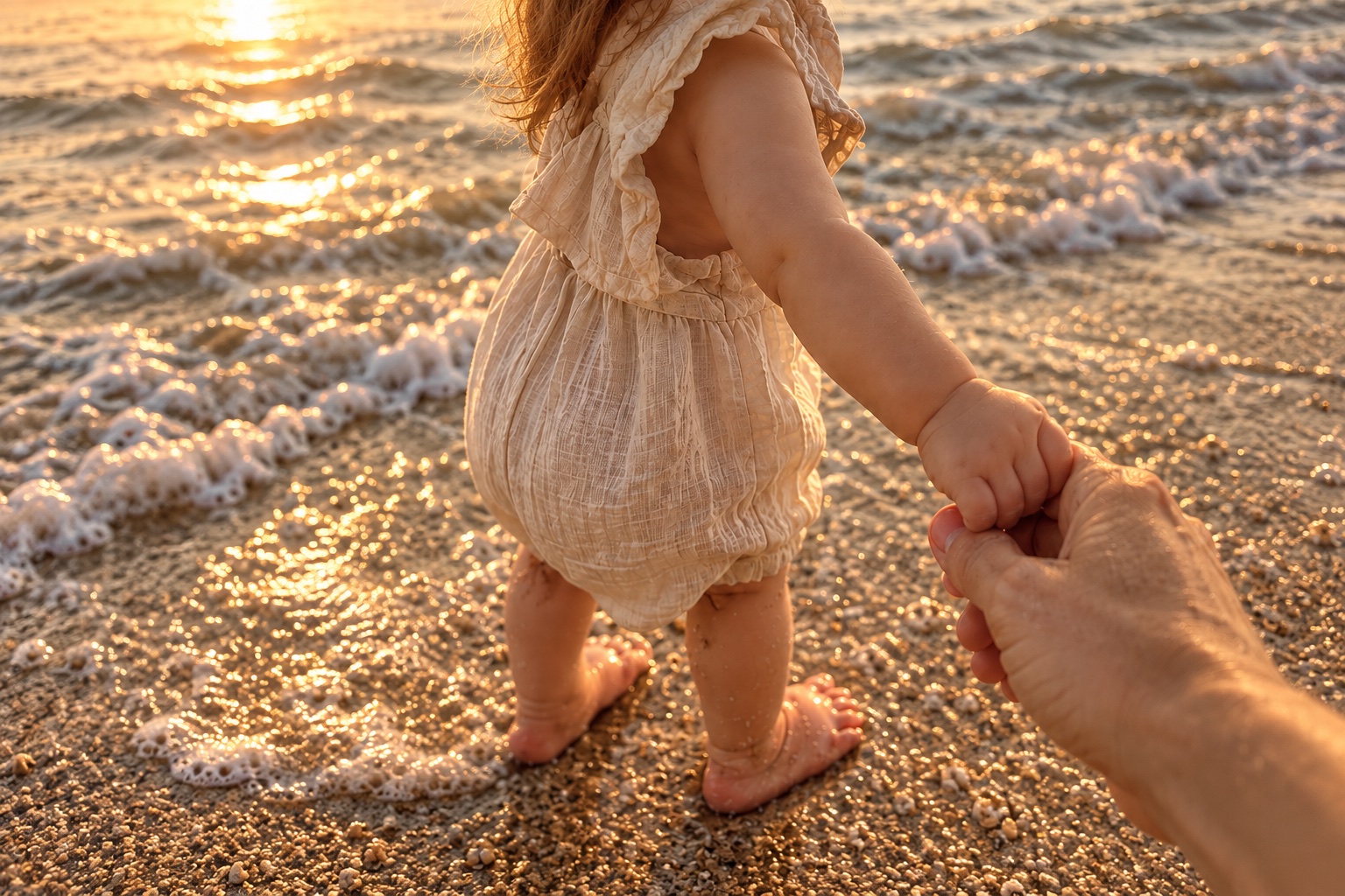 A little hand holding a grown-up’s hand at the beach in evening light.